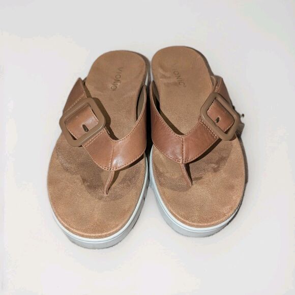 Vionic Uptown Marin Women's Wedge Thong Orthopedic Sandal Tan Leather NIB 7.5M - Picture 3 of 9